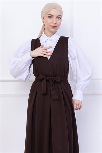 Kuşaklı Pileli Örme Jile Elbise Kahverengi HM2736