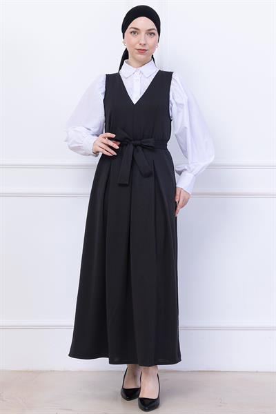 Kuşaklı Pileli Örme Jile Elbise Siyah HM2736