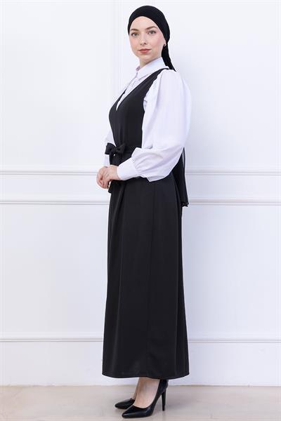 Kuşaklı Pileli Örme Jile Elbise Siyah HM2736