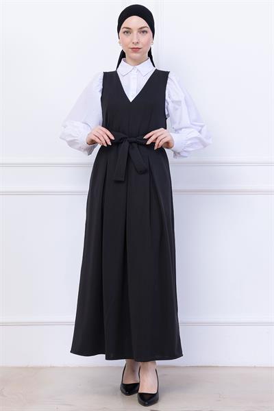 Kuşaklı Pileli Örme Jile Elbise Siyah HM2736