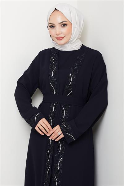 Kuşaklı Taş Detaylı Abaya Lacivert HM2803