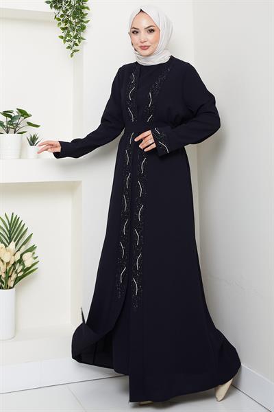Kuşaklı Taş Detaylı Abaya Lacivert HM2803