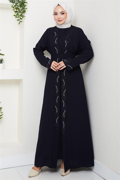 Kuşaklı Taş Detaylı Abaya Lacivert HM2803