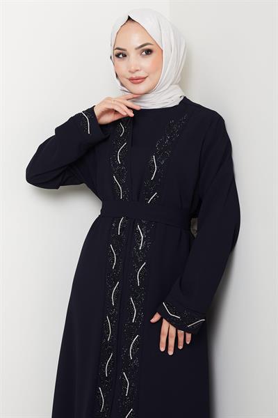 Kuşaklı Taş Detaylı Abaya Lacivert HM2803