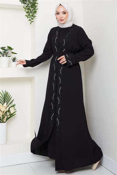 Kuşaklı Taş Detaylı Abaya Siyah HM2803