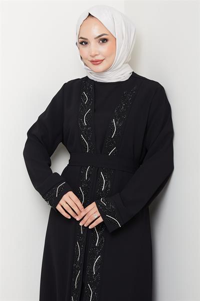 Kuşaklı Taş Detaylı Abaya Siyah HM2803