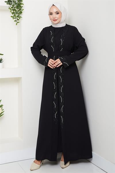 Kuşaklı Taş Detaylı Abaya Siyah HM2803