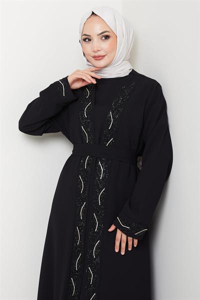 Kuşaklı Taş Detaylı Abaya Siyah HM2803