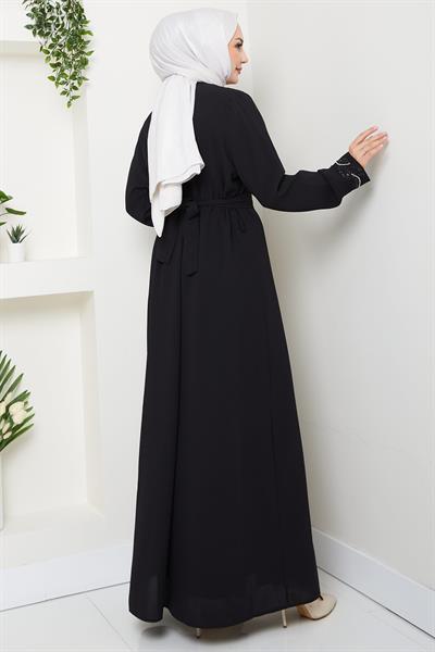 Kuşaklı Taş Detaylı Abaya Siyah HM2803