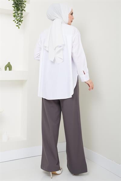 Kuşgözü Detaylı Bağcıklı Pantolon Füme HM2431