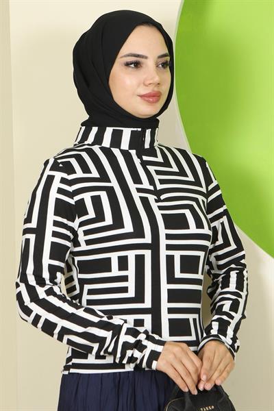 Labirent Desen Fermuarlı Body Beyaz HM2831