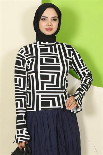 Labirent Desen Manşeti Volanlı Bisiklet Yaka Body Beyaz HM2820