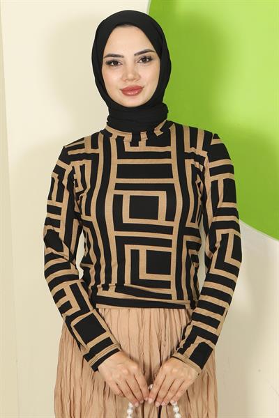 Labirent Desenli Bisiklet Yaka Body Kahverengi HM2824