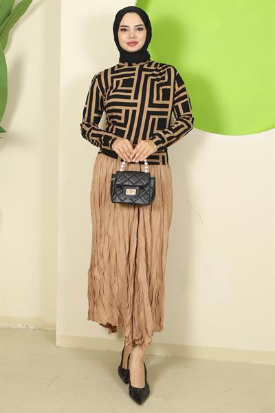 Labirent Desenli Drapeli Body Kahverengi HM2828