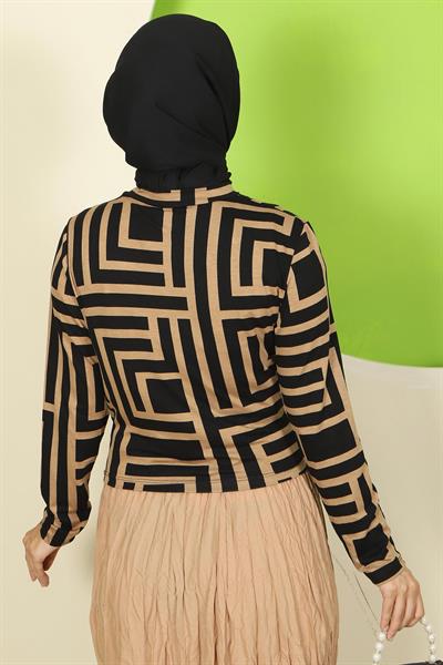 Labirent Desenli Drapeli Body Kahverengi HM2828