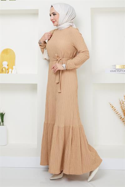 Lara Kuşaklı Elbise Bej HM2371