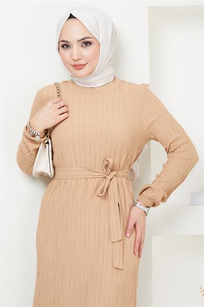 Lara Kuşaklı Elbise Bej HM2371