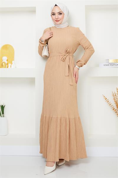 Lara Kuşaklı Elbise Bej HM2371