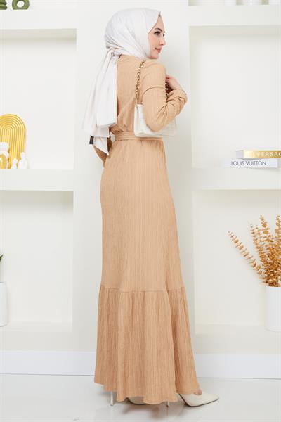 Lara Kuşaklı Elbise Bej HM2371