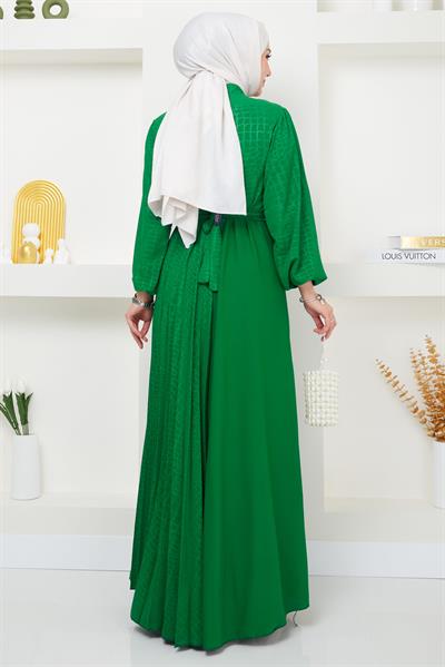 Lazer Baskılı Piliseli Elbise Zümrüt Yeşili HM2367