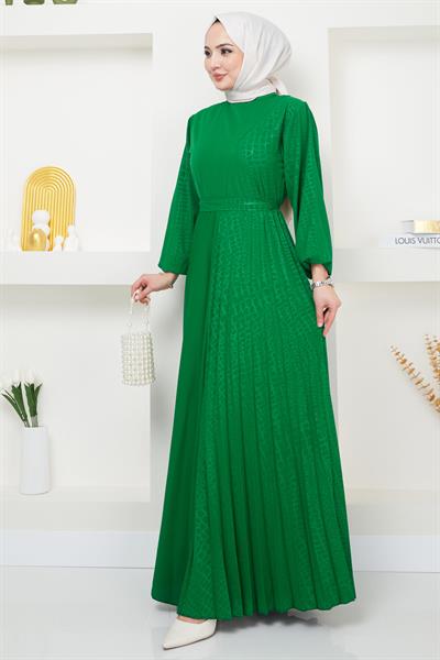 Lazer Baskılı Piliseli Elbise Zümrüt Yeşili HM2367