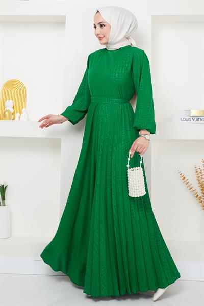 Lazer Baskılı Piliseli Elbise Zümrüt Yeşili HM2367