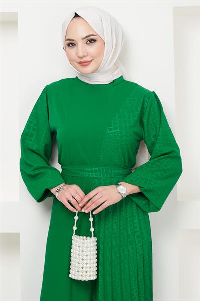 Lazer Baskılı Piliseli Elbise Zümrüt Yeşili HM2367