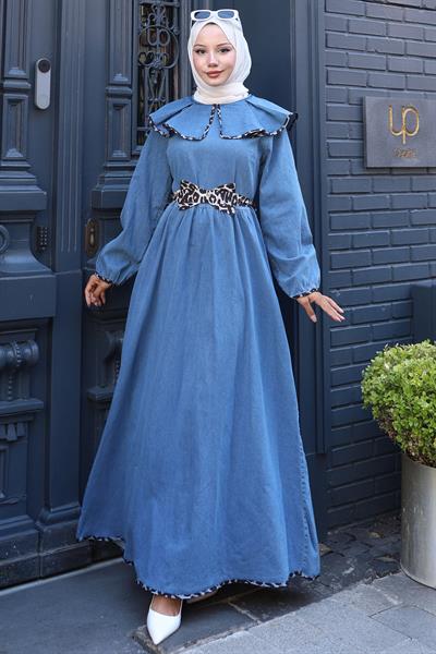 Leopar Biyeli Bebe Yaka Kot Elbise HM2774 Mavi