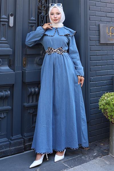 Leopar Biyeli Bebe Yaka Kot Elbise HM2774 Mavi