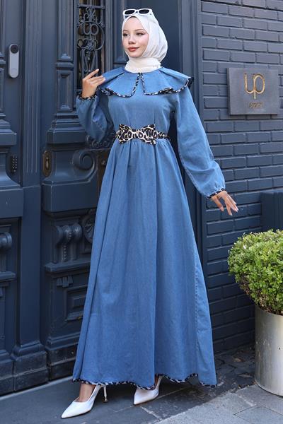 Leopar Biyeli Bebe Yaka Kot Elbise HM2774 Mavi