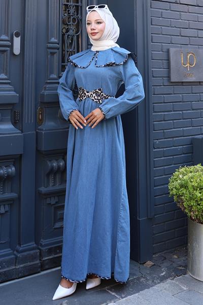 Leopar Biyeli Bebe Yaka Kot Elbise HM2774 Mavi