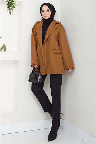 Leopar Detaylı Oversize Bondit Ceket Taba HM2638