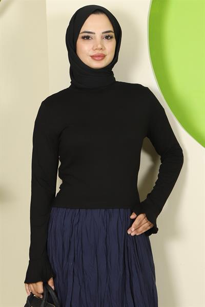 Manşeti Volanlı Bisiklet Yaka Body Siyah HM2818