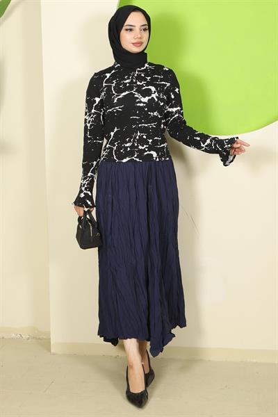 Mermer Desen Manşeti Volanlı Bisiklet Yaka Body Siyah HM2819