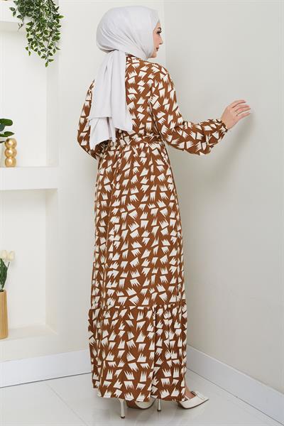 Merve Desenli Yazlık Viskon Elbise Taba HM2681