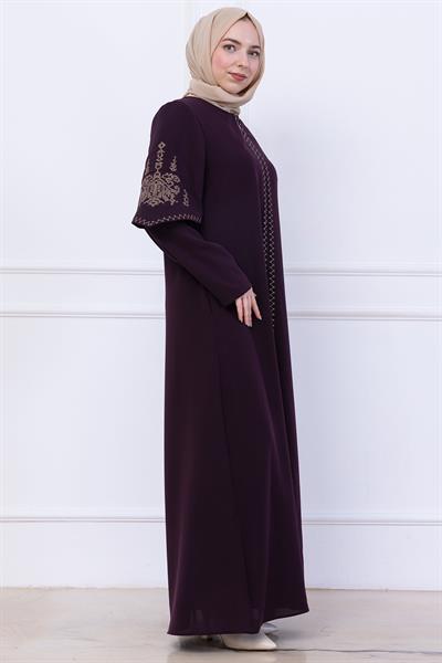 Nakış Detaylı Ferace Mürdüm HM2733