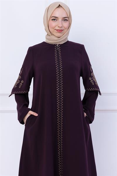 Nakış Detaylı Ferace Mürdüm HM2733