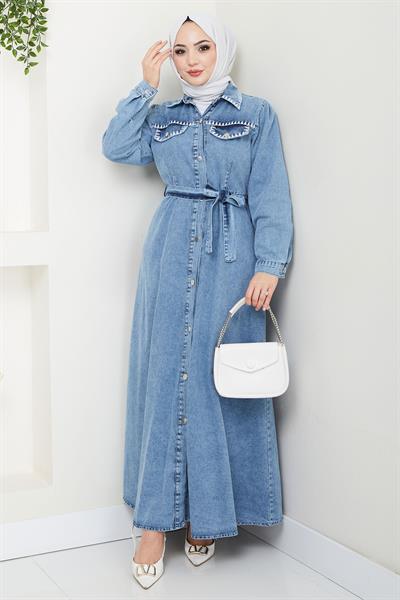 Nakış Detaylı Kuşaklı Düğmeli Kot Elbise HM2669 Mavi