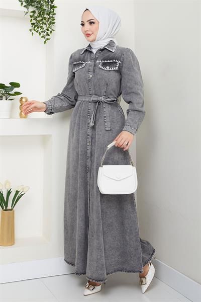 Nakış Detaylı Kuşaklı Düğmeli Kot Elbise HM2669 Antrasit