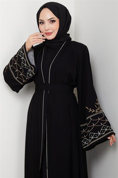 Nakışlı Kuşaklı Abaya Siyah HM2852