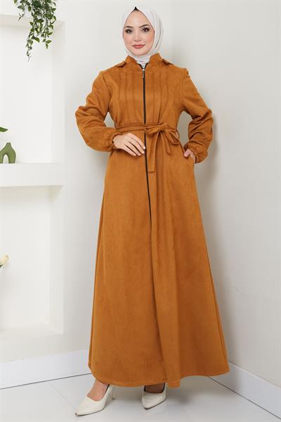 Nervürlü Kapüşonlu Süet Ferace Taba HM2544