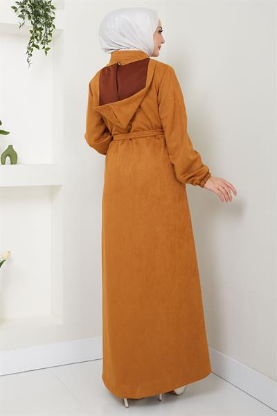 Nervürlü Kapüşonlu Süet Ferace Taba HM2544