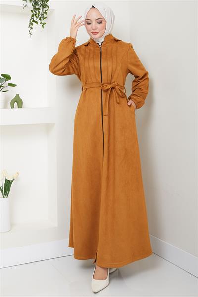 Nervürlü Kapüşonlu Süet Ferace Taba HM2544