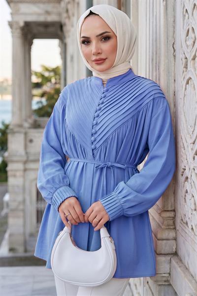 Nervürlü Yarım Pat Düğmeli Tunik Bebe Mavisi HM2886