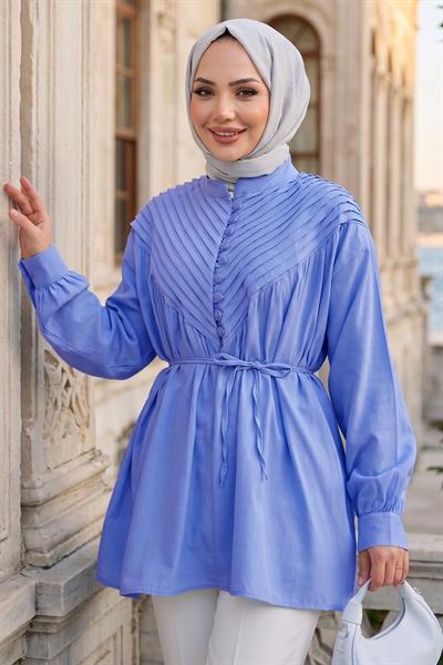 Nervürlü Yarım Pat Düğmeli Tunik Bebe Mavisi HM2886