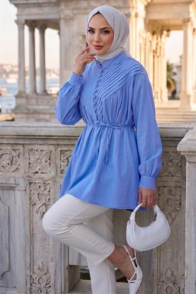 Nervürlü Yarım Pat Düğmeli Tunik Bebe Mavisi HM2886