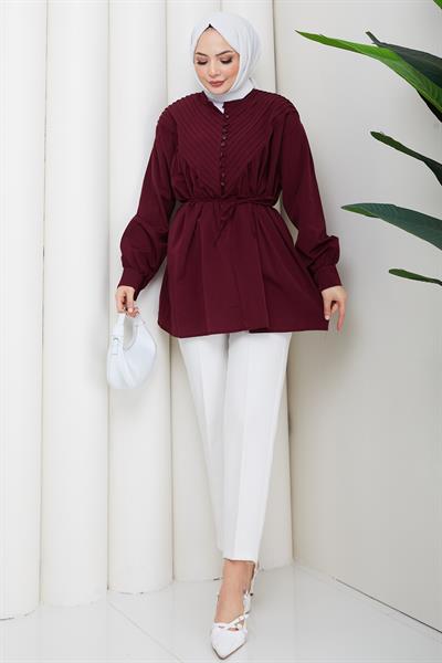 Nervürlü Yarım Pat Düğmeli Tunik Bordo HM2886