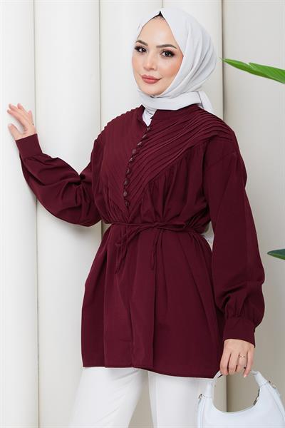 Nervürlü Yarım Pat Düğmeli Tunik Bordo HM2886