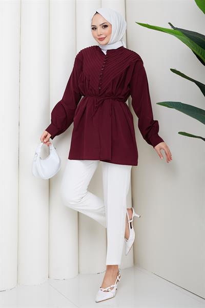 Nervürlü Yarım Pat Düğmeli Tunik Bordo HM2886