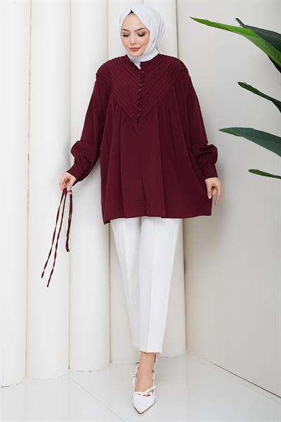 Nervürlü Yarım Pat Düğmeli Tunik Bordo HM2886
